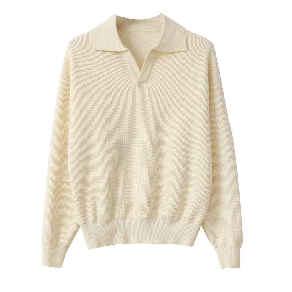 Men's Korean Retro V-Neck Polo Collar Knit Sweater for Autumn/Winter