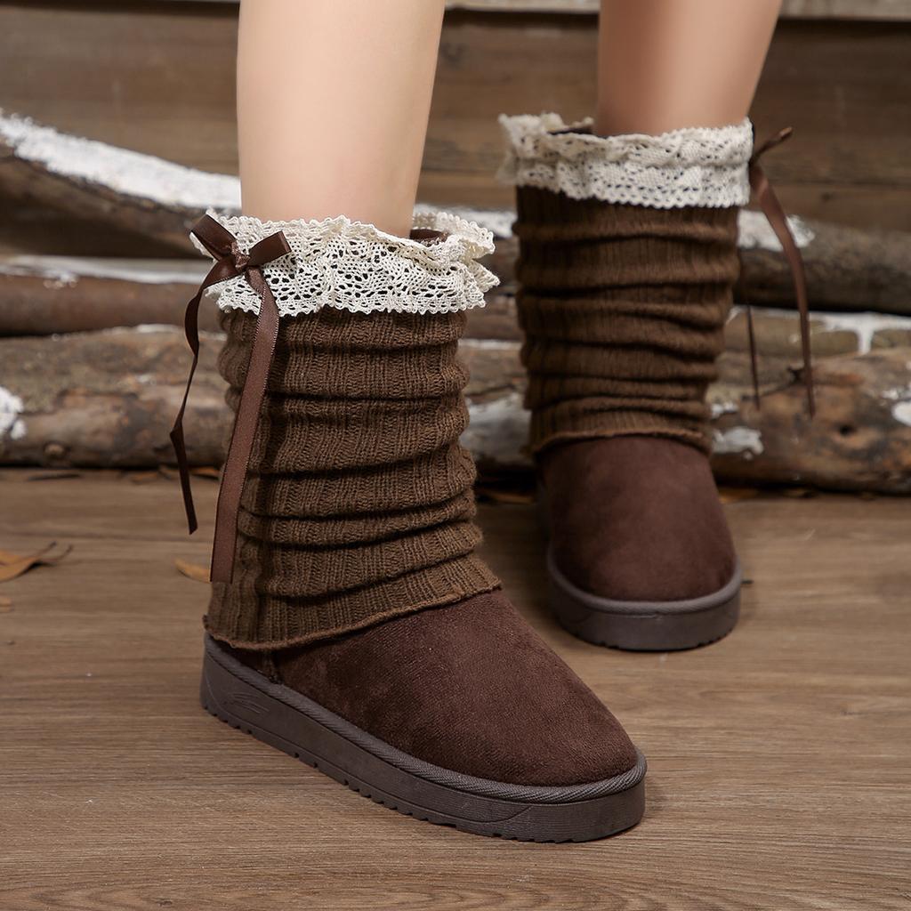 Fashion Sweet Bowknot Black Snow Boots Women 2025 Winter Fashion Lace Decoration Ankle Boots For Woman Short Plush Non Slip Shoes Autumn