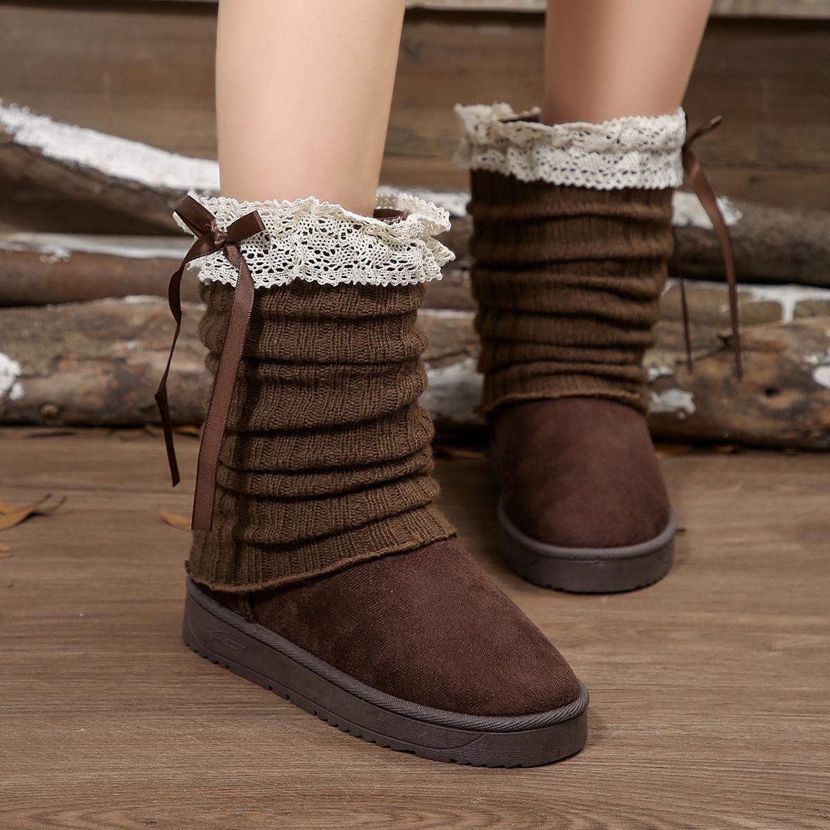

Fashion Sweet Bowknot Black Snow Boots Women 2025 Winter Fashion Lace Decoration Ankle Boots For Woman Short Plush Non Slip Shoes Autumn 41 коричневый