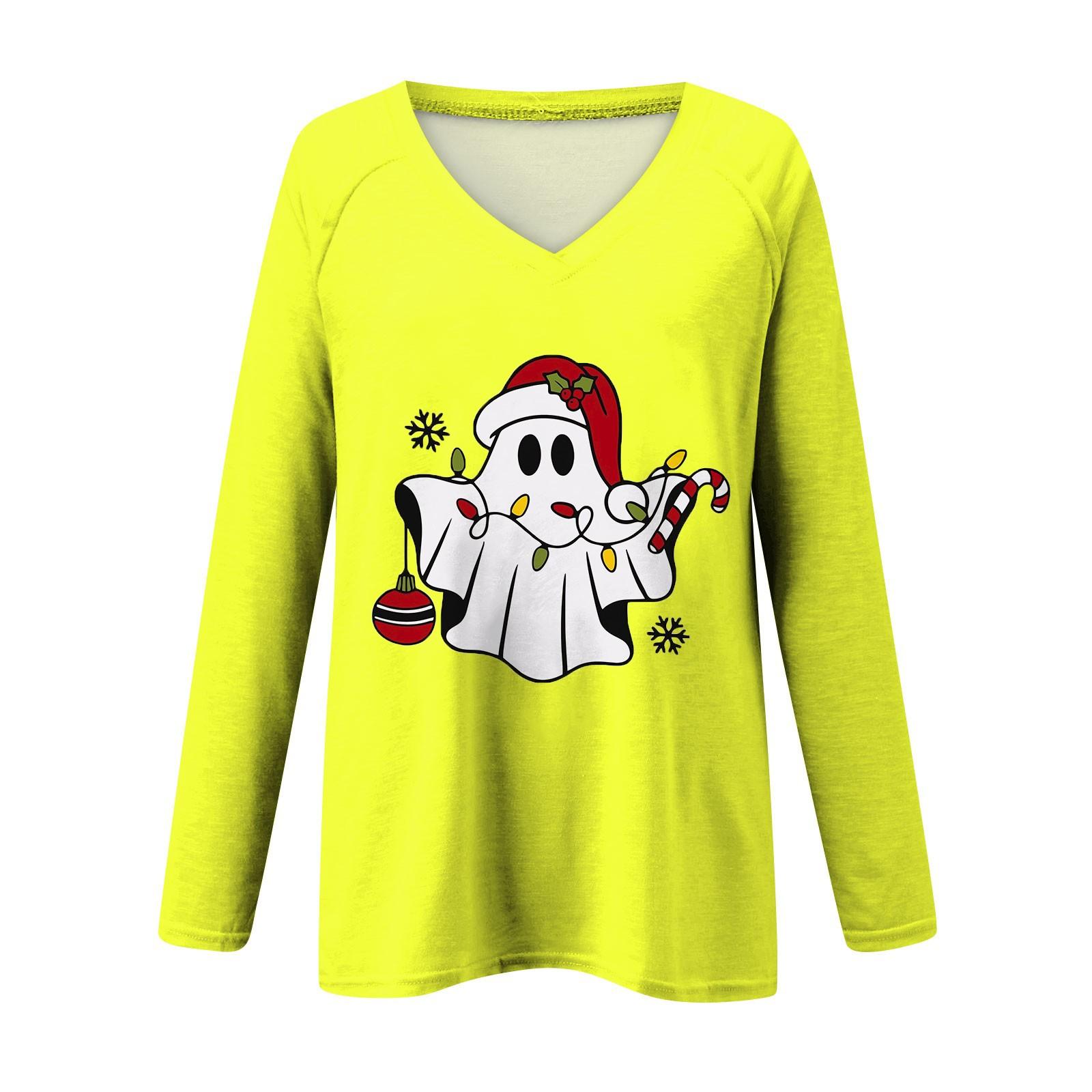 

Женская повседневная мода снежинка напечатанный винтажный повседневный принт длинный рукав V-образный вырез пуловер топ блузка XL жёлтый