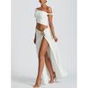 Women Sexy One Shoulder Crop Top Slit Pleated Midi Skirt Two Piece Set