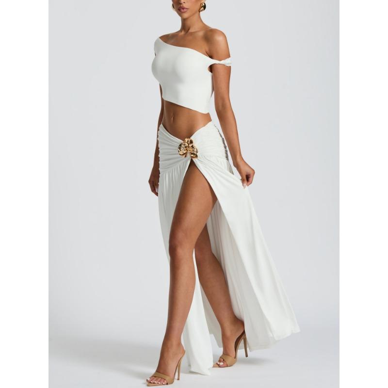 Women Sexy One Shoulder Crop Top Slit Pleated Midi Skirt Two Piece Set