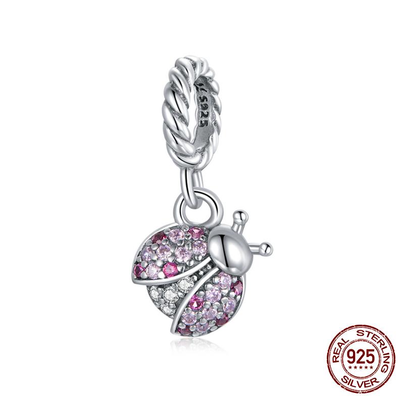 WOSTU 925 Silver Animal Cat Charm Pendant Heart Family Ladybug Bee Beads Fit Original Bracelet DIY Jewelry For Women