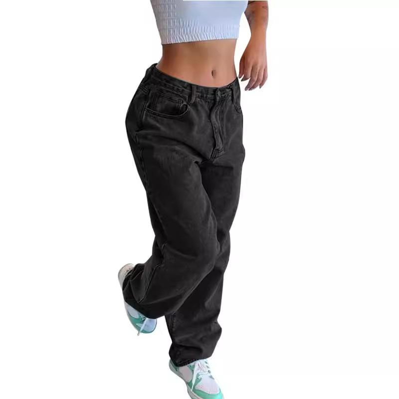 Womens Relaxed Fit Vintage Washed Denim Jeans Straight Leg Mid-Rise Casual Trousers
