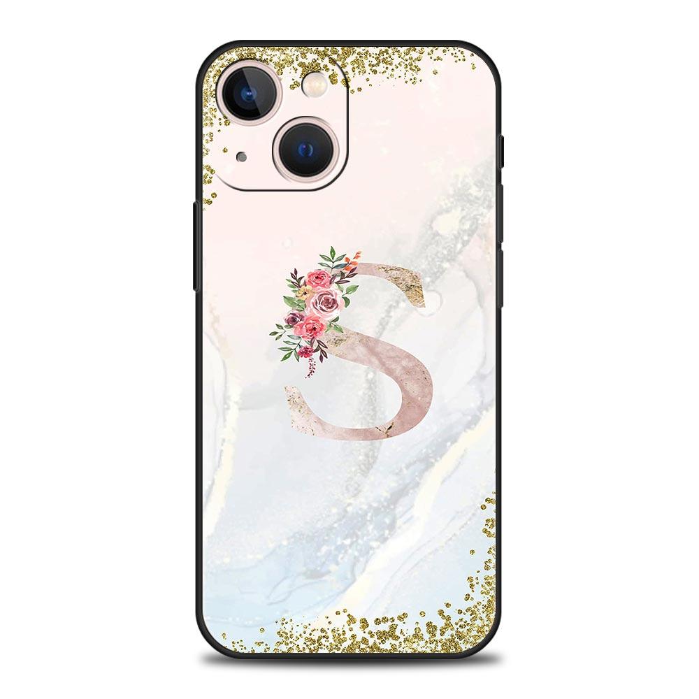 Flowers Letter Phone Case For iPhone 17 16 15 Pro Max 11 12 13 14 7 8 Plus SE 2020 X XR XS Cover Soft Black