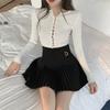 Black White Pleated Skirts Casual Slim College Women Korean Elastic High Waist Mini Metal Letter D A-line Skirts Clubwear