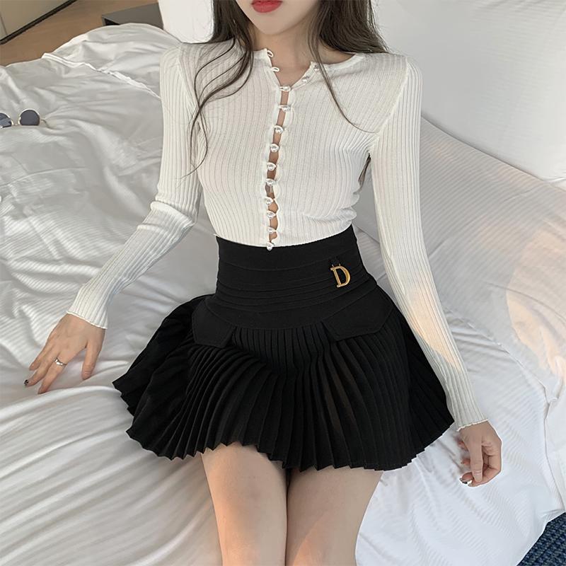 Black White Pleated Skirts Casual Slim College Women Korean Elastic High Waist Mini Metal Letter D A-line Skirts Clubwear