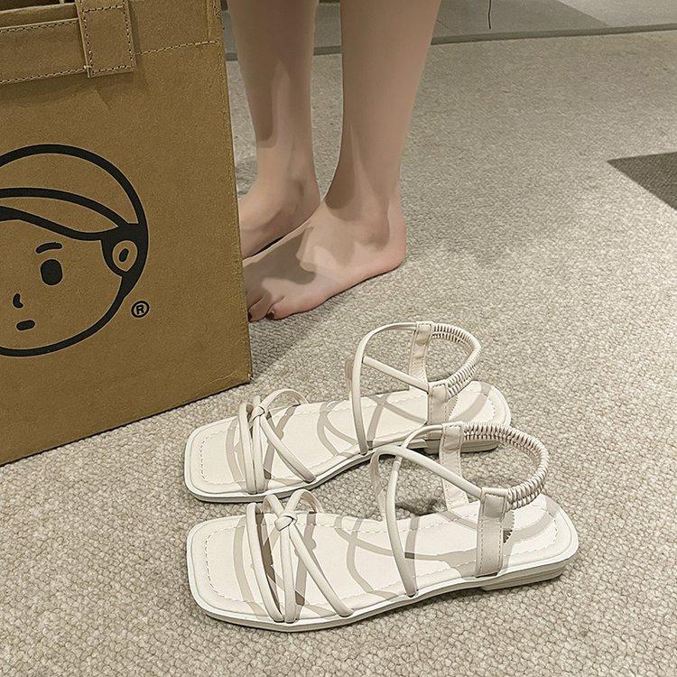 Women s Square Toe Strappy Sandals Elastic Ankle Strap Open Toe Flat Summer Sandals for Casual Dress Wear Shoes 35