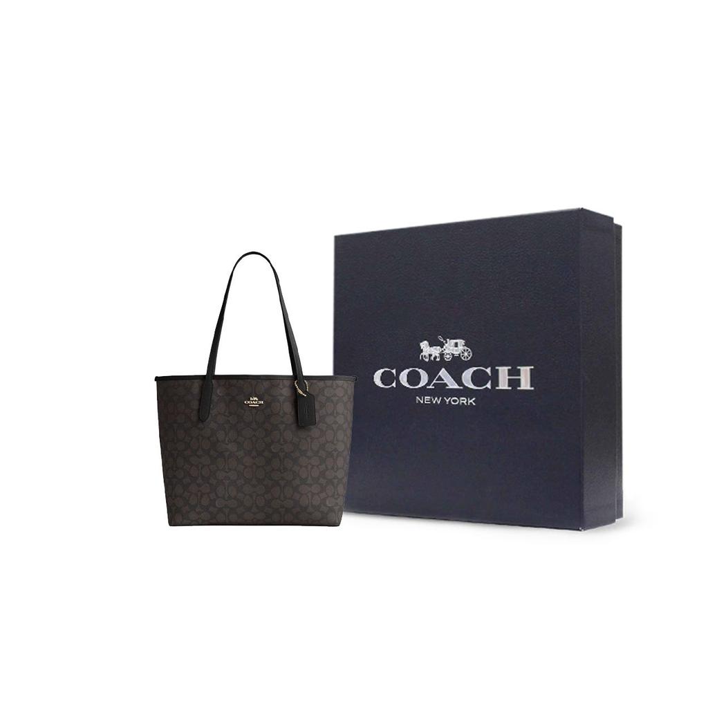 Coach City 33 Logo Plaque Magnetic Closure Tote Bag Women tote Black Brown CV976-IMXAQ