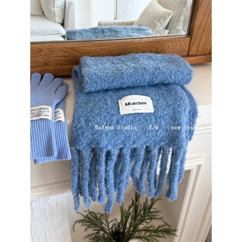 

Korean Solid Color Soft Waxy Wool Blended Fringed Scarf Winter High end Warm Shawl Plush Circle Yarn Scarf 200*25CM