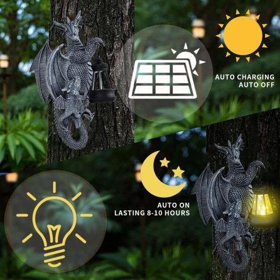 Solar-Powered Dragon Statue Outdoor Garden Ornament with LED Glow Weather-Resistant Resin Fantasy Decor for Patio Wall Fence Lighting