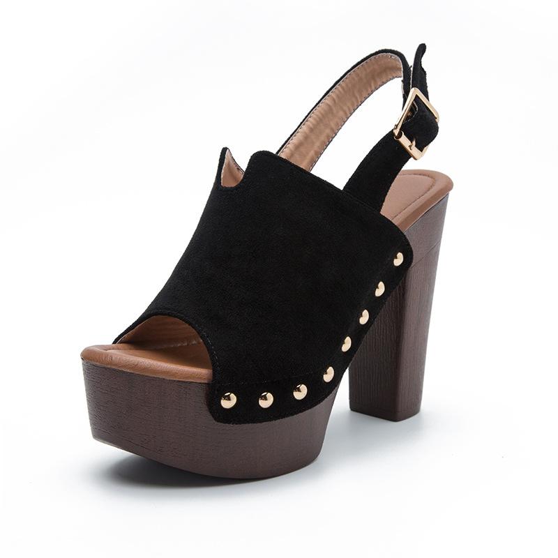 

Сандалии с пряжками нового стиля, заклепки, женские туфли на высоком каблуке на толстой подошве, сандалии с открытым носком, универсальные сандалии для ношения на улице 36 чёрный