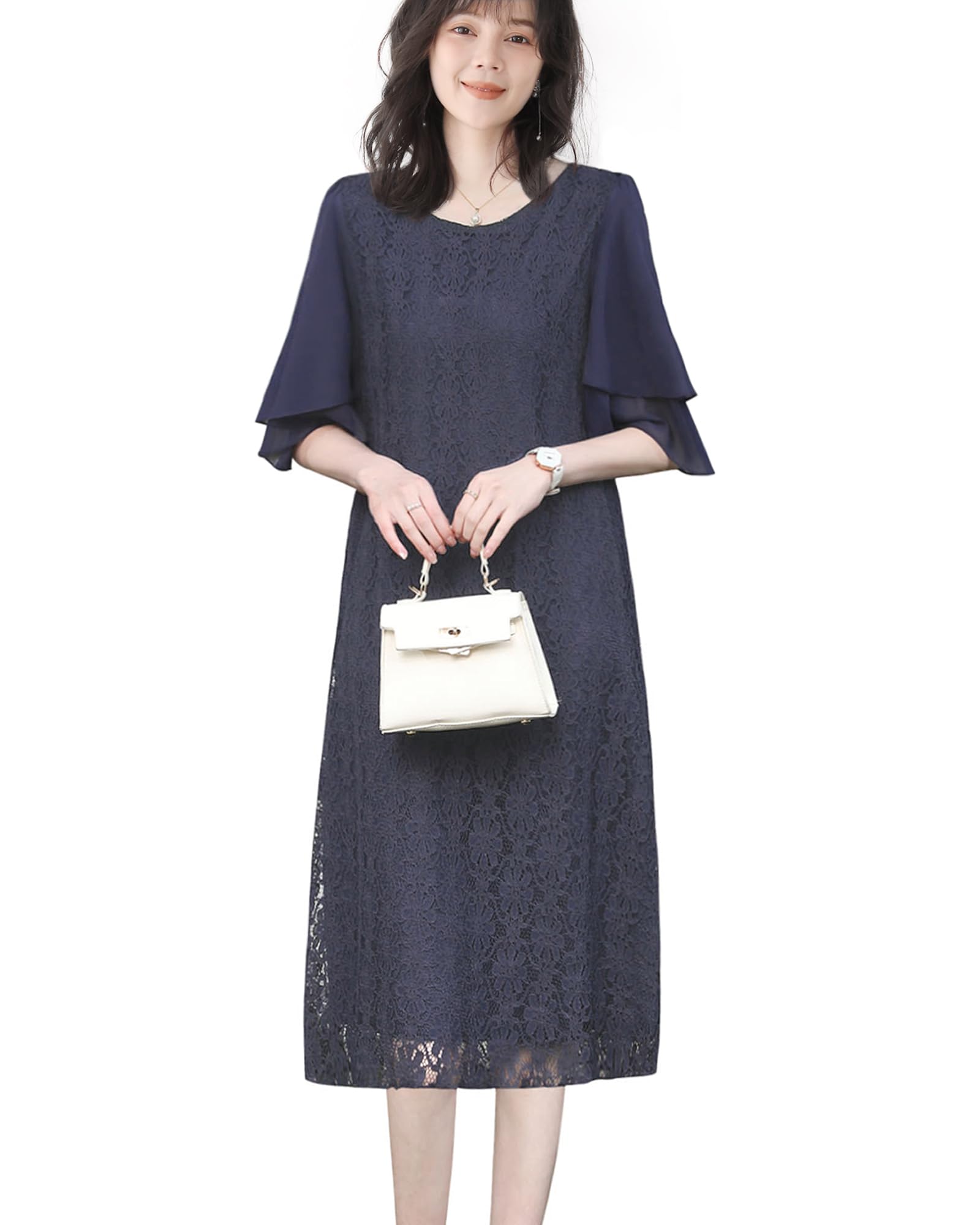 

Кружевное платье Yino с цветочным расклешенным воротником-стойкой и прямой подкладкой для стройнящего силуэта, идеально подходящее для женского принта, рукавов, выреза горловины, посадки. Длины до колена, Освежающий,