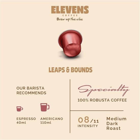 ELEVENS COFFEE | Leaps & Bounds | Specialty Coffee Capsules | 100% Robusta | 11 Aluminium Coffee Pods (10 + 1) | Medium Dark Roast | Intensity 8