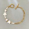 Gold Star Heart Shell Pearl Toggle Bracelet – Dainty OT Clasp Jewelry, Sweet Romantic Gift for Women