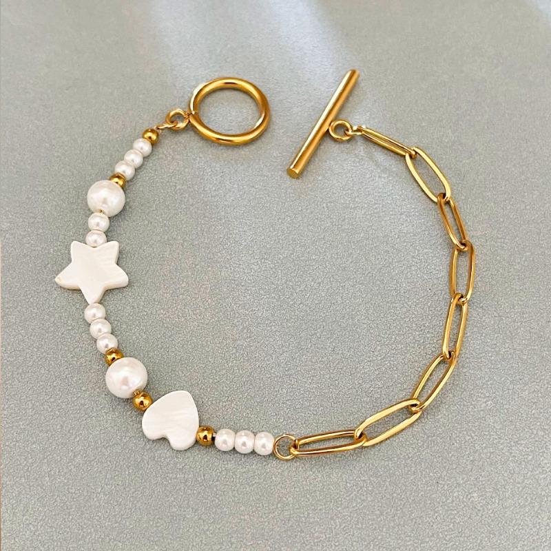 Gold Star Heart Shell Pearl Toggle Bracelet – Dainty OT Clasp Jewelry, Sweet Romantic Gift for Women