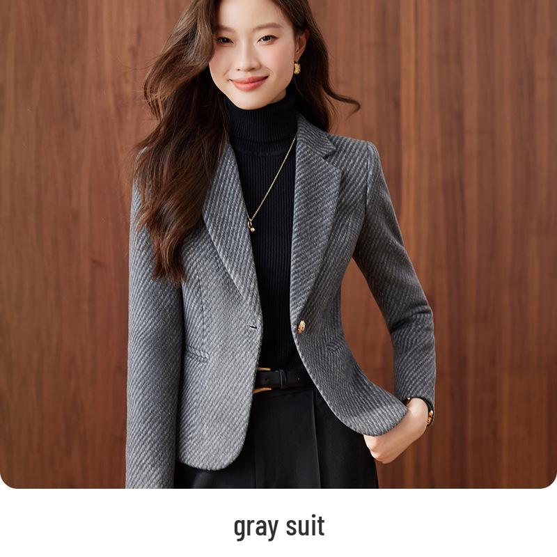 Women's Khaki Striped Wool-Blend Blazer - Slim Fit, Autumn/Winter 2025