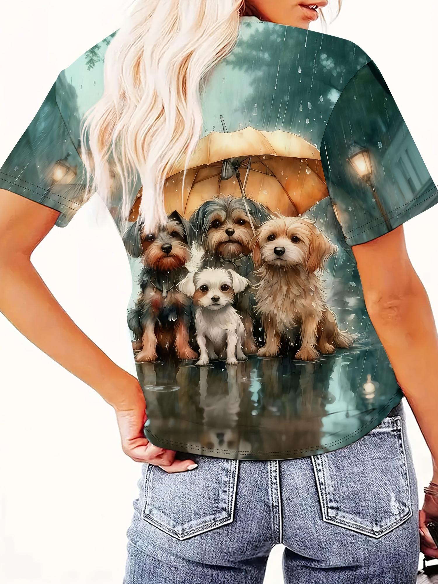 Rainy Dog Umbrella Printed Short Sleeve T-Shirt. Art Loose Round Neck Top. Women S Clothing. Oversized Women S. Women S Digital Printed Short Sleeve S дубильная кора