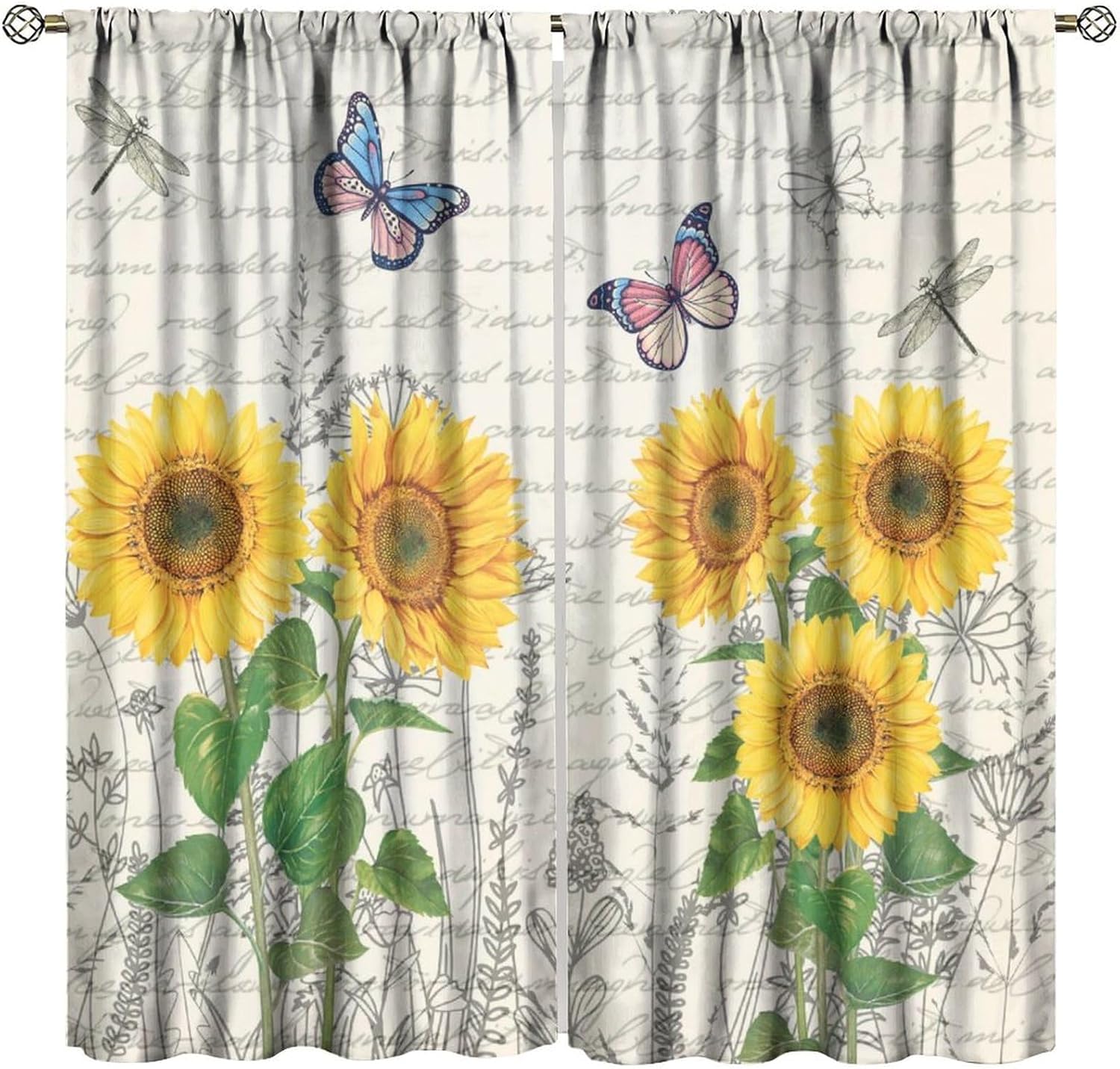 

Farmhouse Retro Butterflies Flowers Sunflower Window Curtains Rustic Plant Floral Drapes Living Room Curtain Darkening Polyester Ideal For Great W100*H70(CM)-Hooks&1PCS
