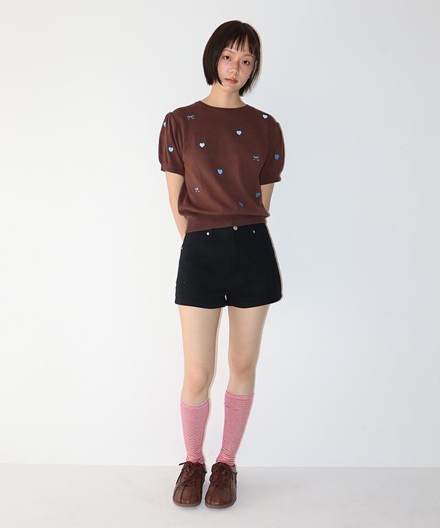 RONRON Ribbon Heart Pattern Half Knit Brown Blue