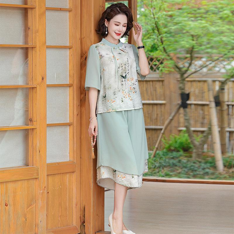 

Новый шифоновый комплект-двойка для мамы в китайском стиле: Модная блузка с коротким рукавом для женщин среднего и пожилого возраста 2XL