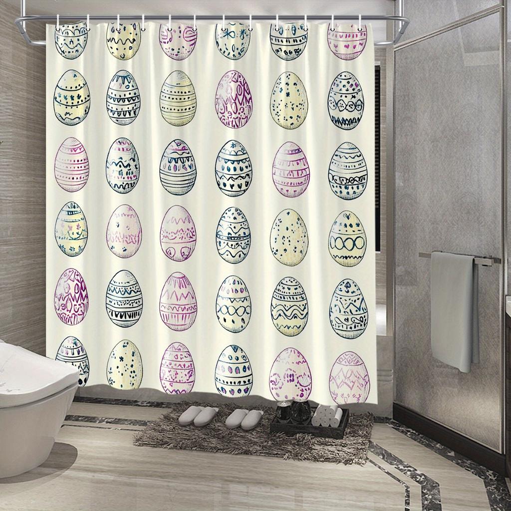 Easter Egg Shower Curtain - Hand-Drawn Whimsical Design, Blue, Pink & Purple Eggs On Pale Yellow, 12 Hooks