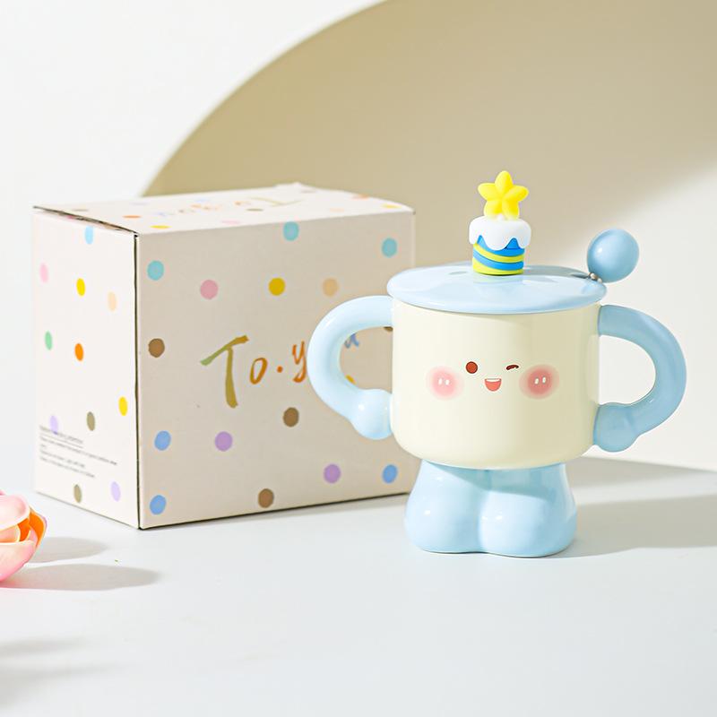 Creative Ceramic Cup with Lid Spoon Mug Small Cute Cup for Girls and Boys Gift Birthday Gift Milk Cup