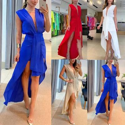 Women Spring Solid Color Sleeveless Deep V-Neck Dress Summer Casual A-Line High Waist Double Layered Irregular Long Dresses S-XL