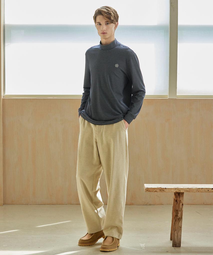 APPLE+RIND Warm Brushed Mock Neck T-Shirt_Navy Stripe