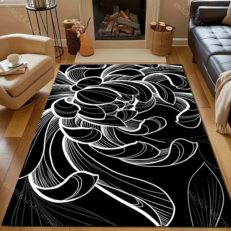 Multiple Sizes Luxury Black and White Flowers Carpet for Living Room Bedroom Sofa Home Decor Rus Non-slip Floor Mat