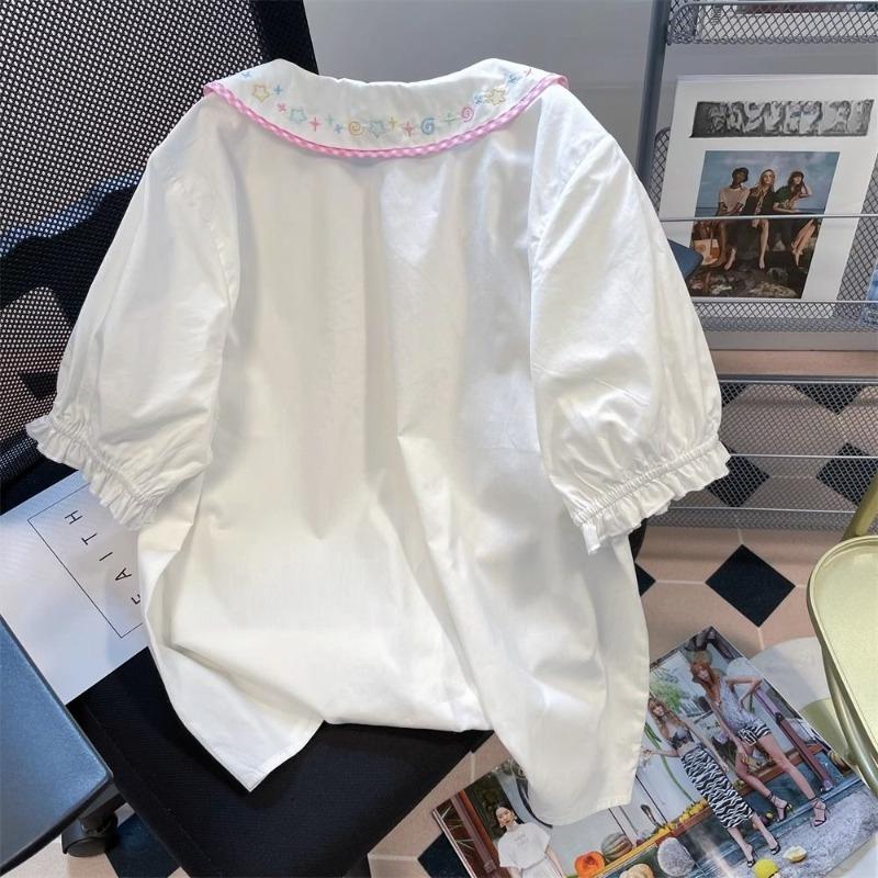 Doll Collar Checkered Lace Up Shirt for Women Puff Sleeved Single Breasted Shirts Summer Loose Embroidered White Tops
