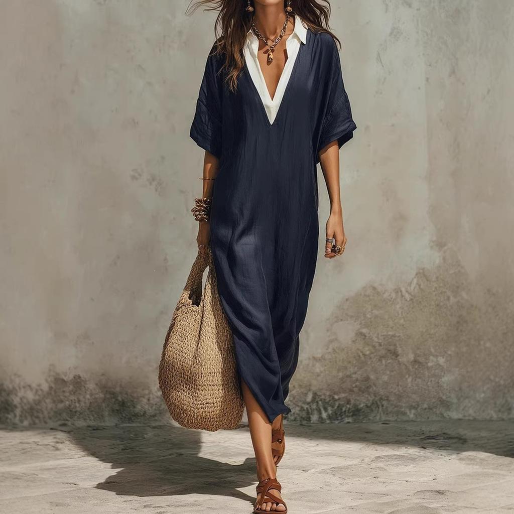 Women's Casual Bohemian Style V Neck Long Dress Loose Fit Vacation Beachwear Lightweight Summer Maxi Dress with Short Sleeves