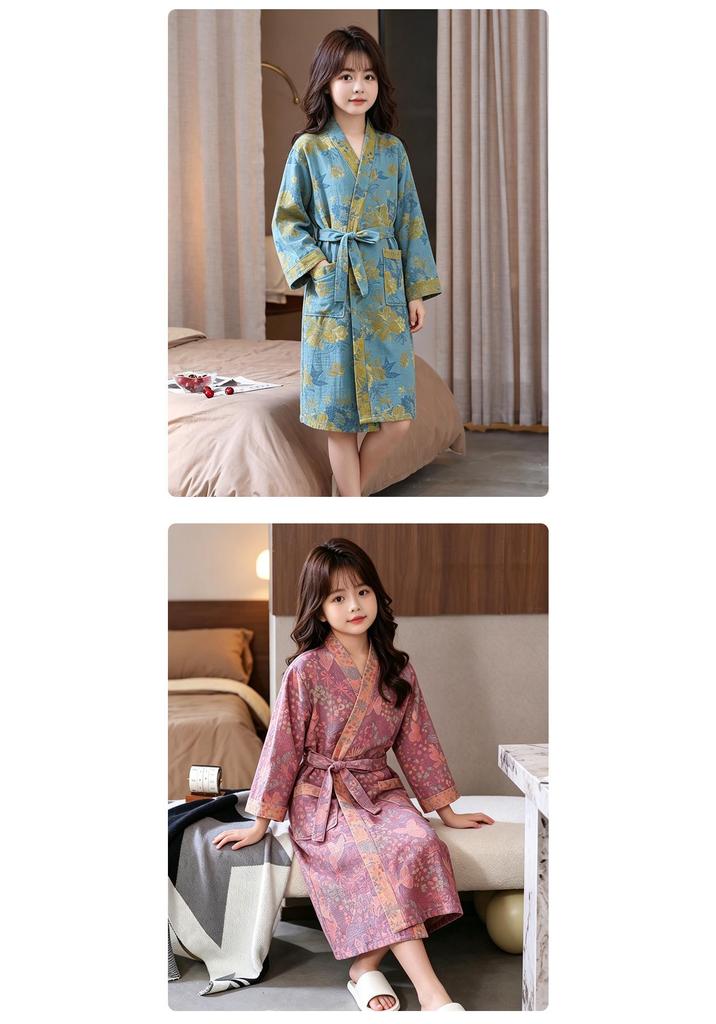 Children's Pure Cotton Double-Layer Gauze Jacquard Kimono Pajamas with Long Sleeves