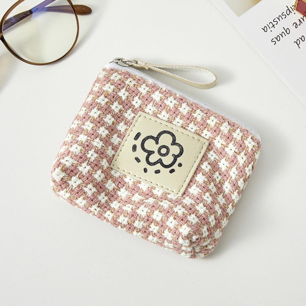 

New Cartoon Flower Small Wallet Mini Solid Color Storage Bag Grid Pattern Coin Purse Women Girl розовый