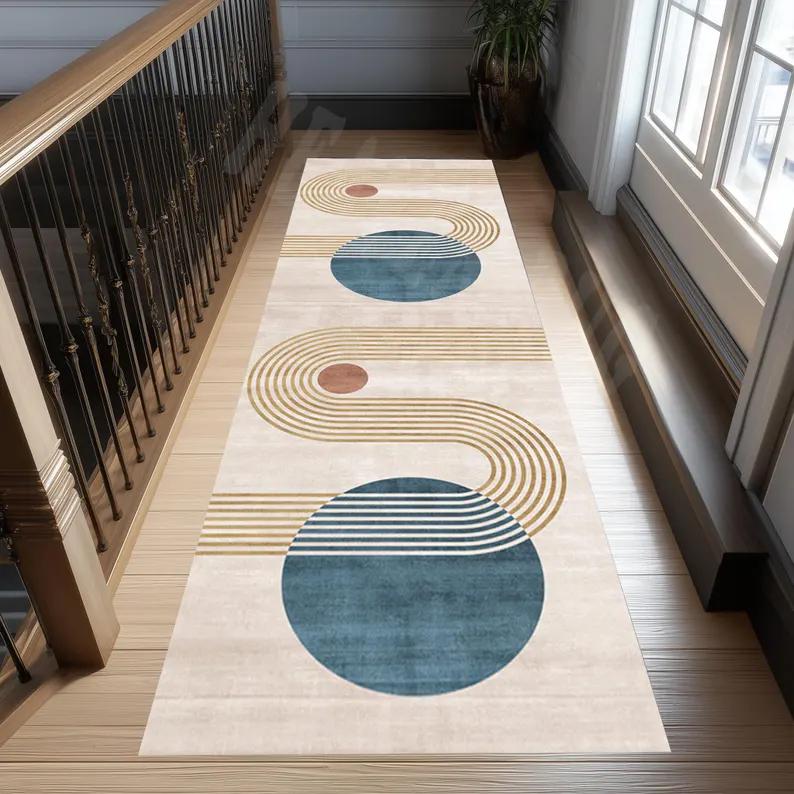 Mid Century Modern Runner Rug Abstract Lines Circles Design Century Hallway Carpet Non-Slip Runner Rug Town Hallway Carpets 40X120CM