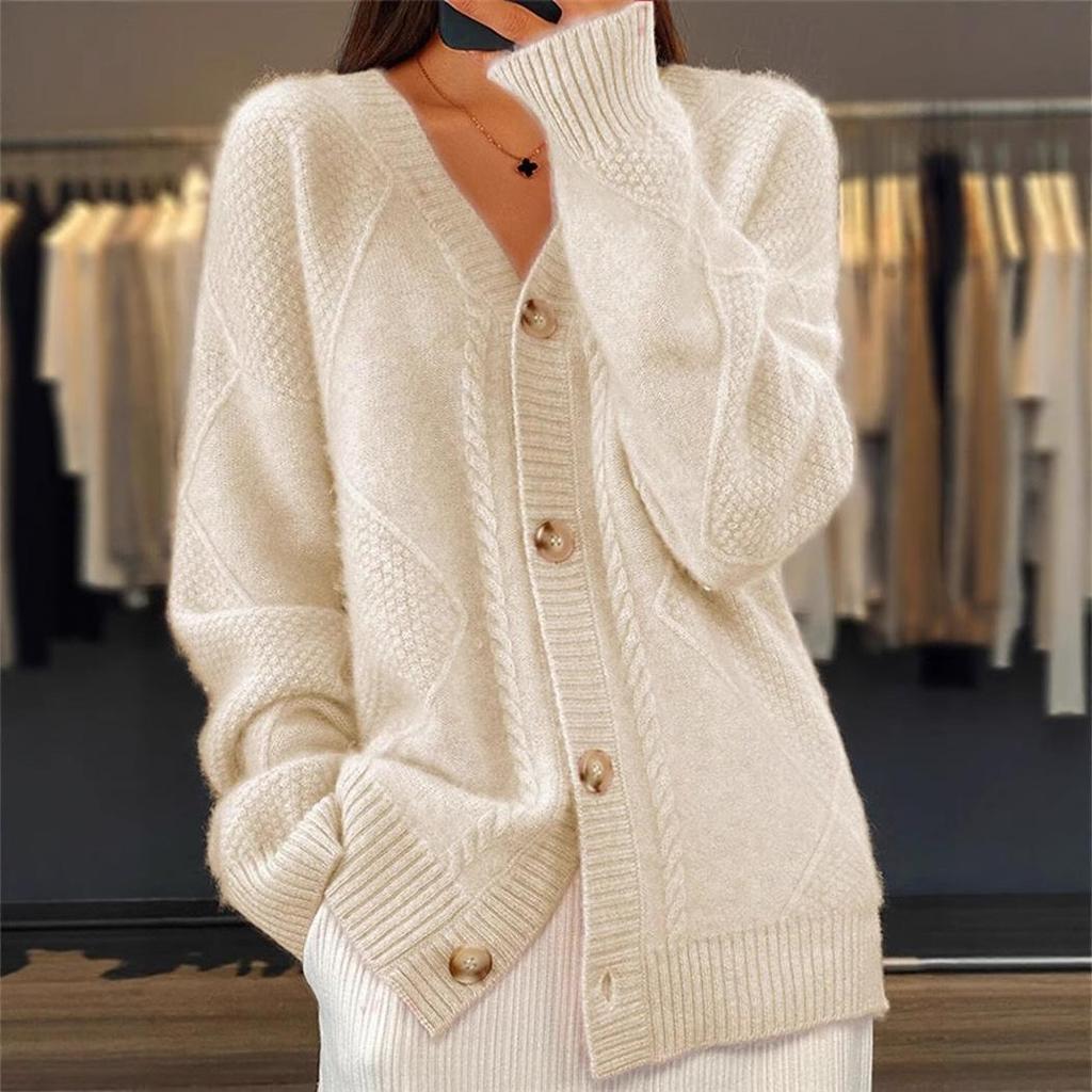 Women's Cable Knit Textured V Neck Long Sleeve Cardigan Solid Color Loose Knit Sweater Coat