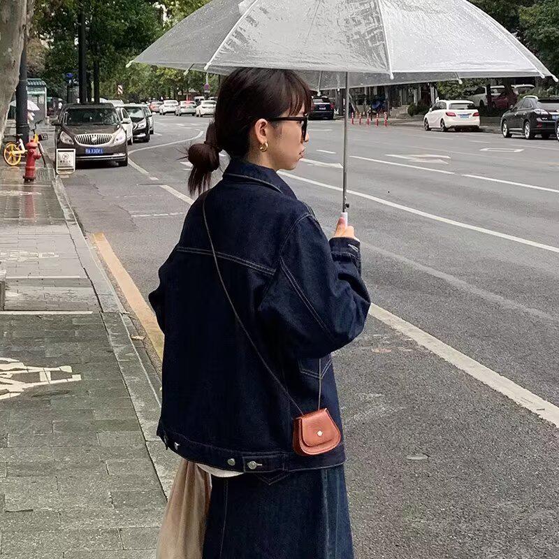 Plus Size Women's Denim Jacket - Korean Style Retro with Contrast Stitching, Loose Fit for Spring & Autumn