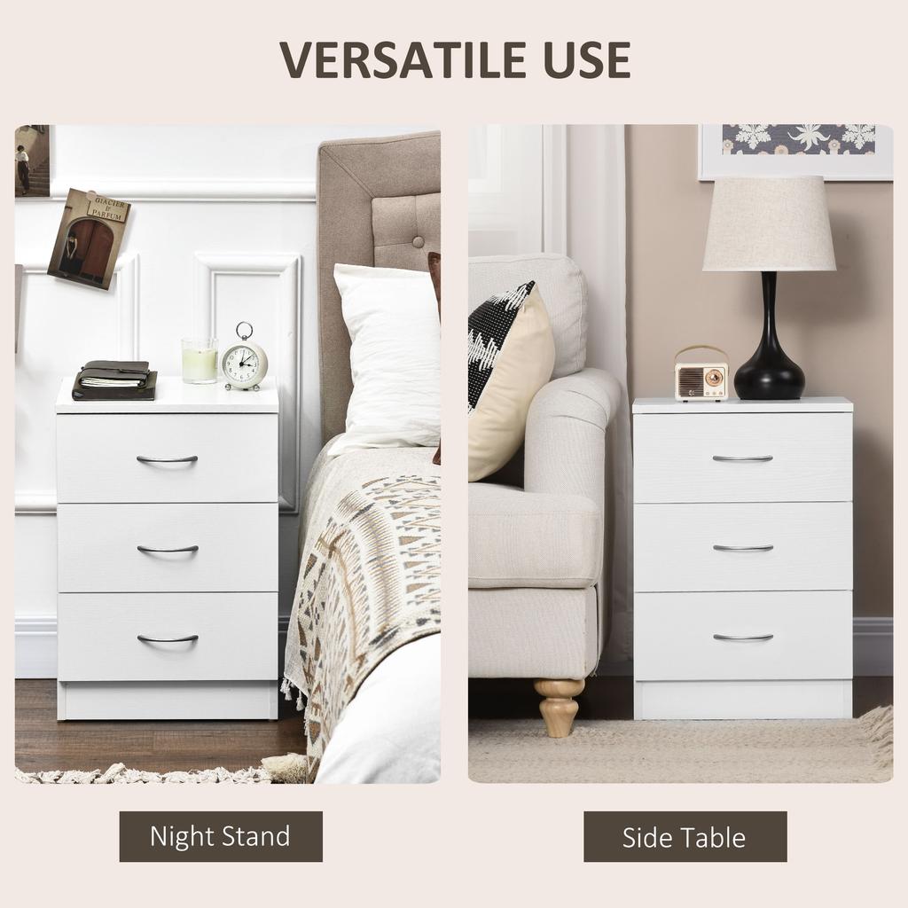 Three Drawer Simple Bedside Table White