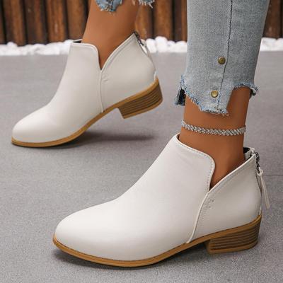 Plus-Size Solid Color Women's Pointed Toe Leather Boots with Back Zipper, Thick Sole, and Chunky Heel.