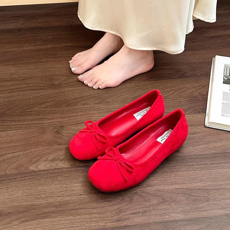 French retro flat-soled ballet shoes women's summer new suede commuting shallow mouth flat-soled single shoes soft-soled grandma shoes