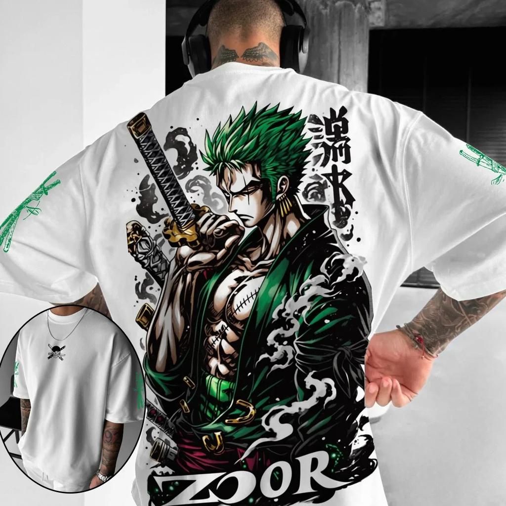 One Piece Anime Print T-Shirt Roronoa Zoro Luffy Grafik-Tee Lässige Harajuku Kurzarm-Oberteile für Herren Jungen Kinder