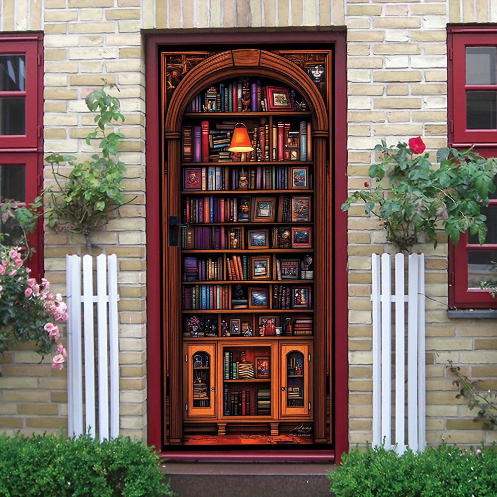 

1 piece of Self Adhesive Removable Vinyl Door Stickers, retro wooden bookshelf door stickers, creative study decoration stickers (as the picture,77x200cm)