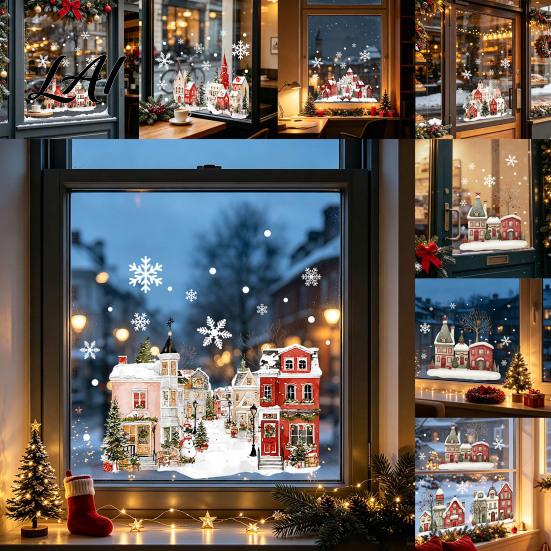 Glue Free Glass Adsorption Christmas Static Window Clings Snowy Town House Snowflake Decals Reusable Shop Decor Xmas Stickers Holiday for Home Cafe