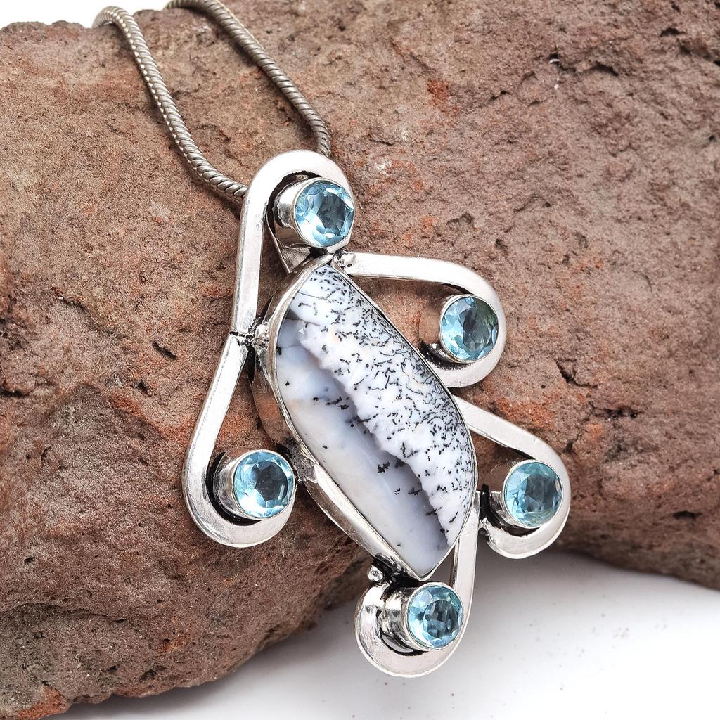 Dendrit Silber Halskette Granat Geschenk Schmuck Opal, 18" Edelstein Opal