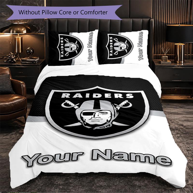 Las Vegas Raiders Customized Name Text Bedding Set, 1 Duvet Cover & 2 Pillowcases Personalized Bedroom Gift