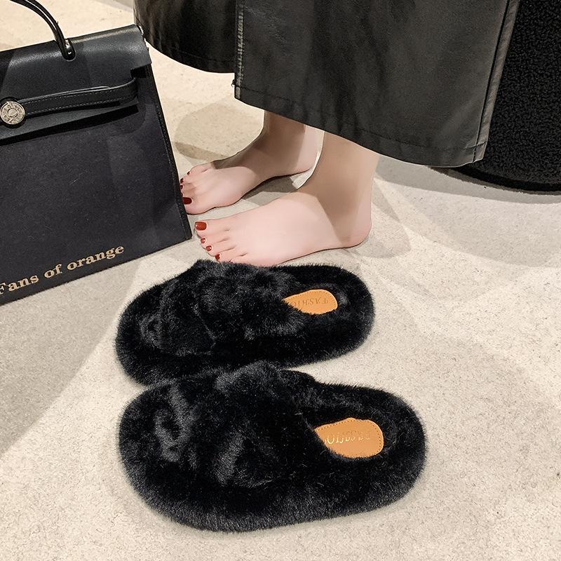 Internet celebrity open-toed fluffy slippers women's autumn and winter new thick-soled non-slip one-word cross-strap cotton slippers