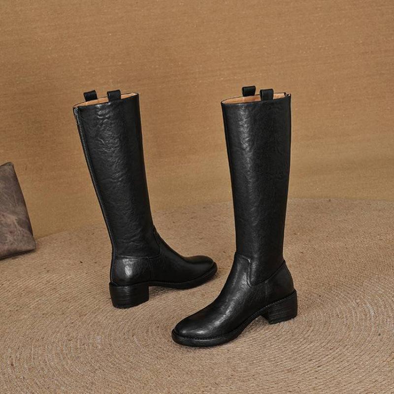 Podzimní a zimní dámské kožené boty z prané hovězí kůže ve velkých velikostech, nové dámské boty na středním podpatku, všestranné boty s kulatou špičkou, zadní zip, vysoké dámské boty