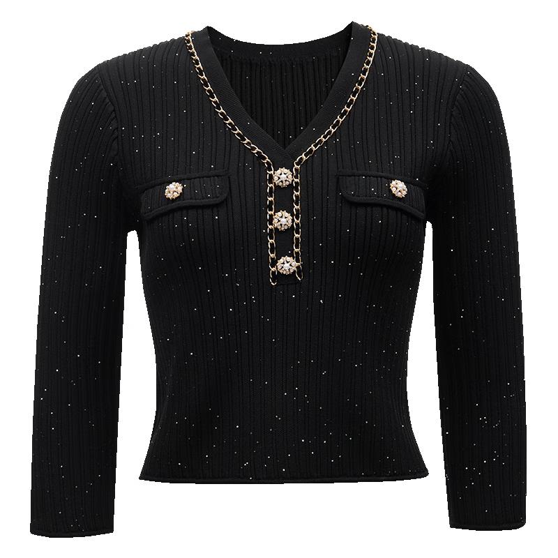 Veromoda 2025 Spring V-Neck Knit Top with Chain & Sequins
