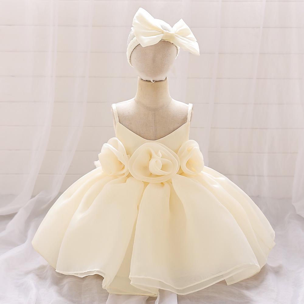 One-Year-Old Baby Princess Dress with 3D Floral Design for Special Events or Piano Performances