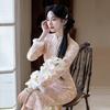 Womens Winter Warm Lined Qipao Dress In Pink Velvet With Floral Jacquard Stand Collar Long Sleeve Retro Chinese Style